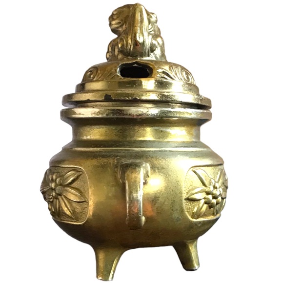 Vintage Chinese Brass Ornate Engraved Foo Dog Incense Burner Holder Altar Decor - Picture 4 of 16